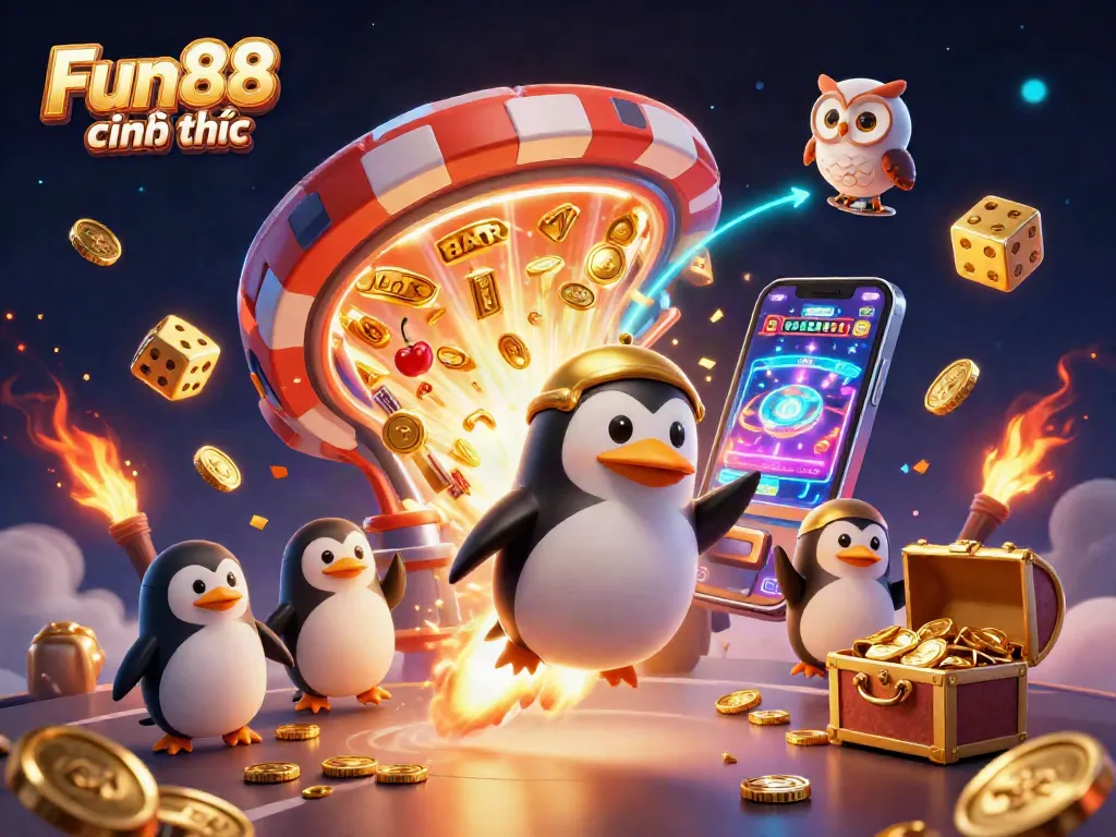 Join the Fun88 chính thức adventure with a golden penguin flying towards a casino station amid a jackpot explosion.
