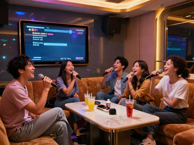 daltorabbits.com의 강남의 현대적이고 화려한 가라오케 룸에서 친구들이 함께 노래하며 즐기는 모습입니다.