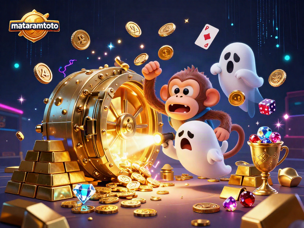 Experience thrilling luck at mataramtoto with a playful poltergeist monkey juggling golden treasures in a haunted casino scene.