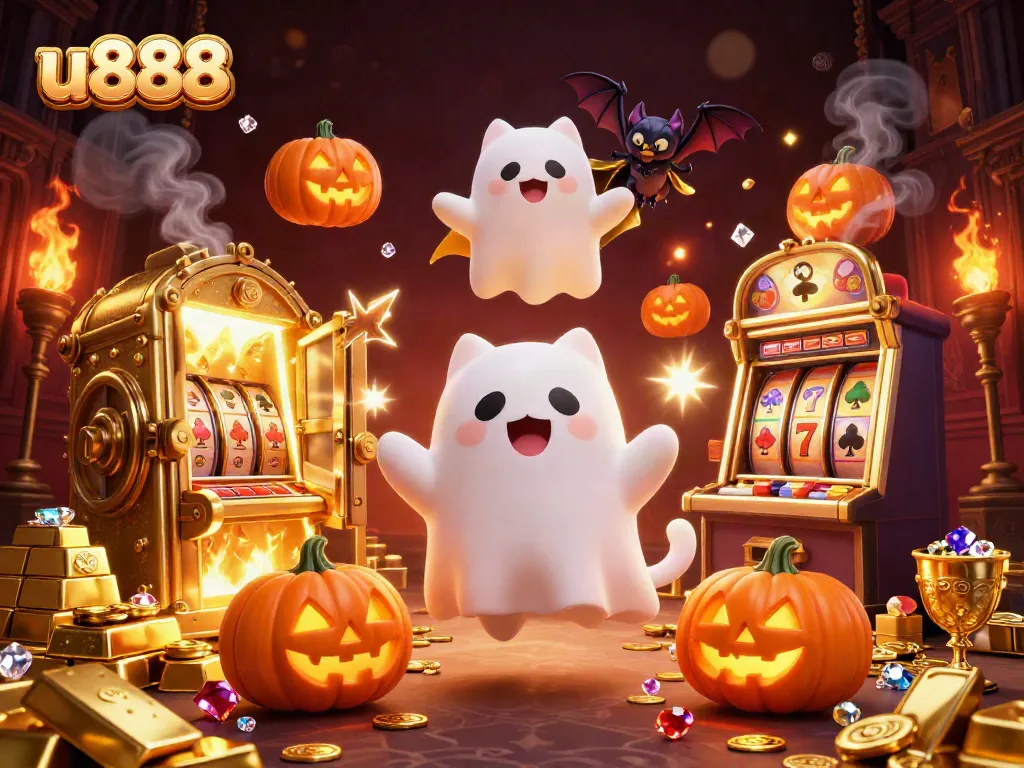 u888 inspired casino illustration featuring a friendly ghost cat among slot machines, treasure, and glowing decor.