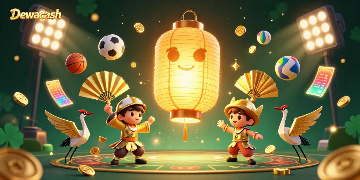 Experience the vibrant world of Dewacash with sports betting excitement and golden motifs in this dynamic illustration.