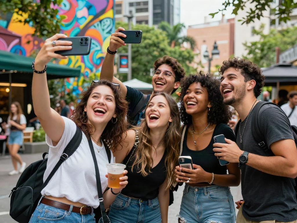 Group of friends enjoying moments while taking an attractiveness test selfie in vibrant city.