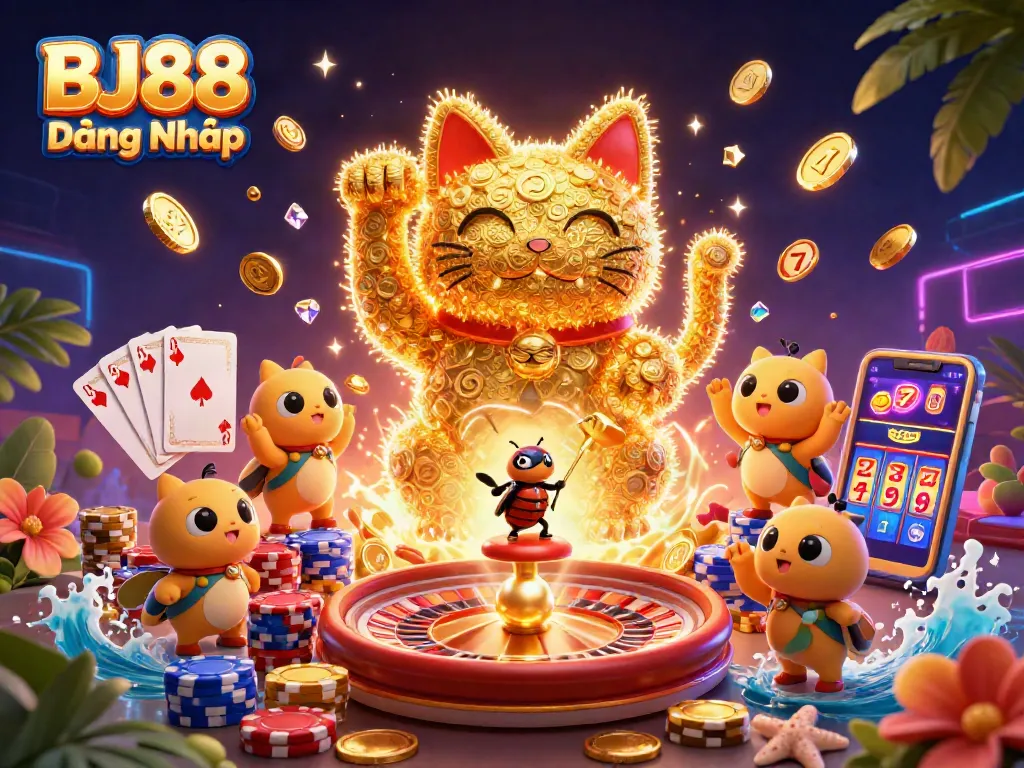 Experience BJ88 Đăng Nhập with an ultra-detailed 3D illustration of a lucky cat surrounded by casino elements.
