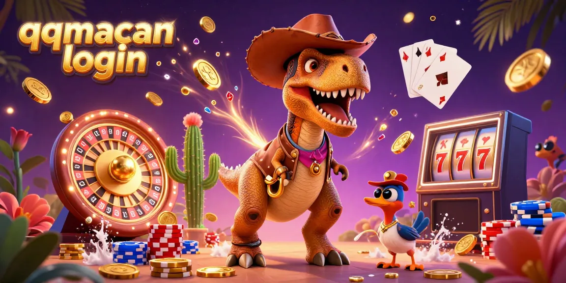 Engage with exciting casino action through qqmacan login, featuring a T-Rex, cactus, and roadrunner in a vibrant gaming scene.