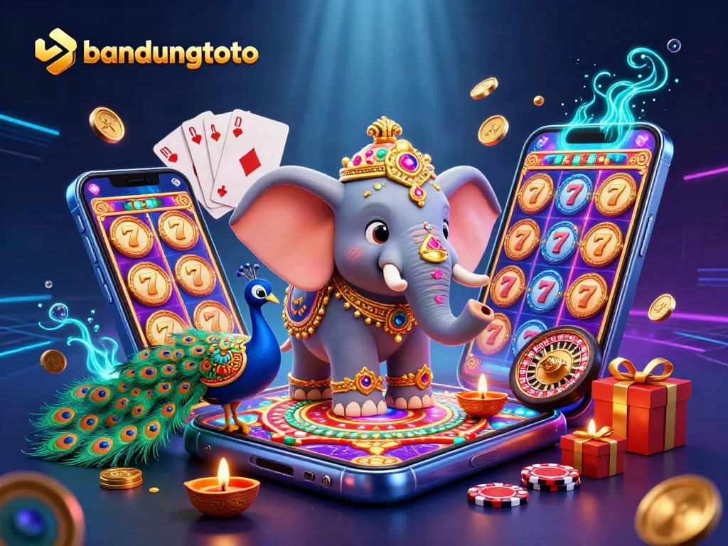 Engage with bandungtoto's vibrant 3D casino scene highlighting slots, elephants, and lucky symbols.