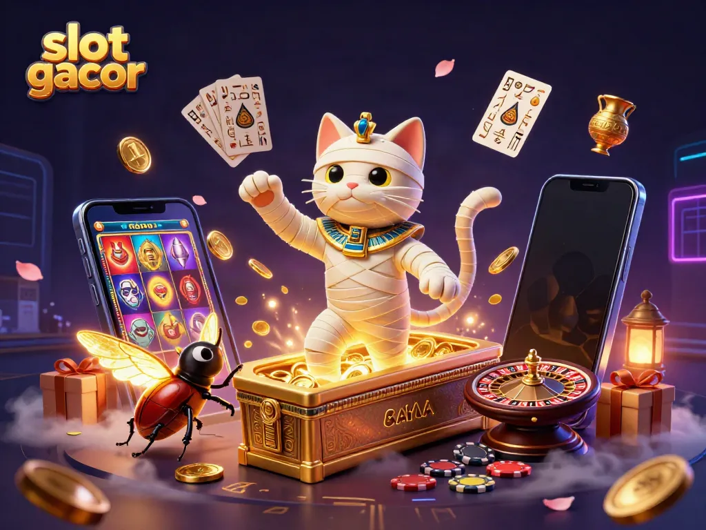 Experience slot gacor with an Egyptian mummy cat and vibrant casino elements in this dynamic scene.