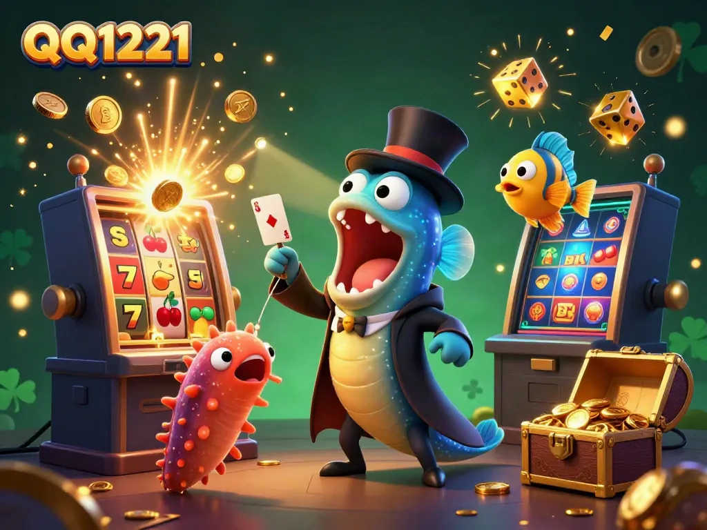 Experience the thrilling world of QQ1221 with a vibrant casino illustration featuring unique sea creatures and jackpot elements.