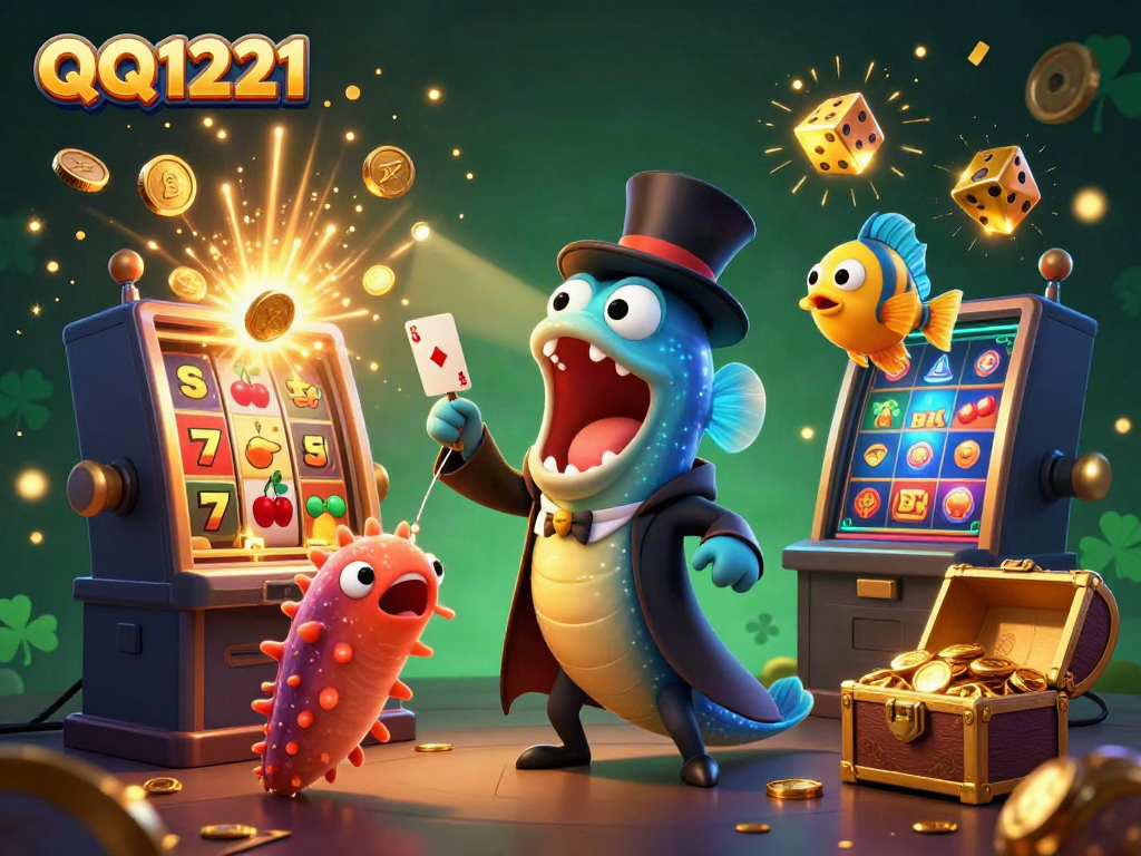 Experience the thrilling world of QQ1221 with a vibrant casino illustration featuring unique sea creatures and jackpot elements.