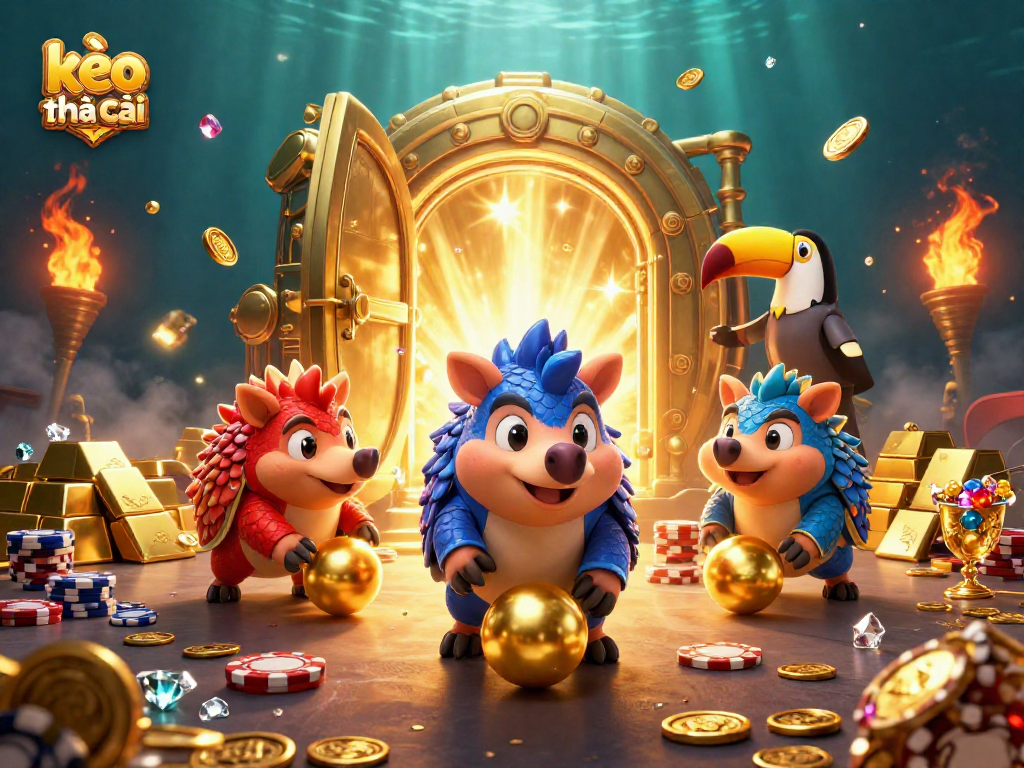 Bet on kèo nhà cái as rival pangolins roll golden balls through poker chips in a vibrant casino scene.