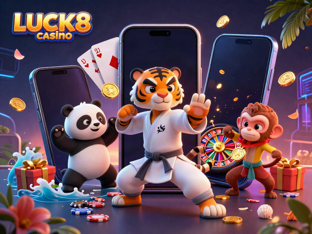 LUCK8 casino showcases a vibrant 3D scene with a kung fu tiger, a panda, and a mischievous monkey amid rich gambling elements.