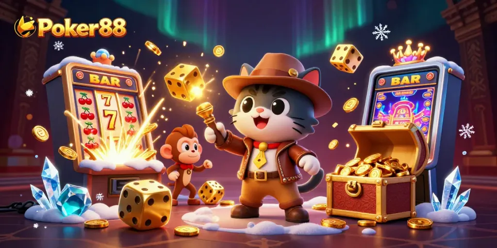 Experience Poker88 excitement as an explorer cat uncovers golden treasures amidst captivating casino games.