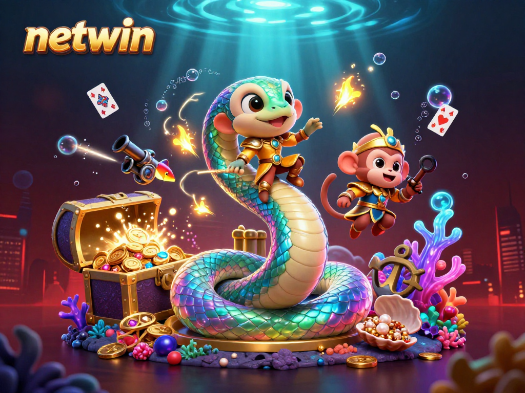 Engage with netwin's vibrant gaming scene featuring a playful monkey king and a rainbow serpent.