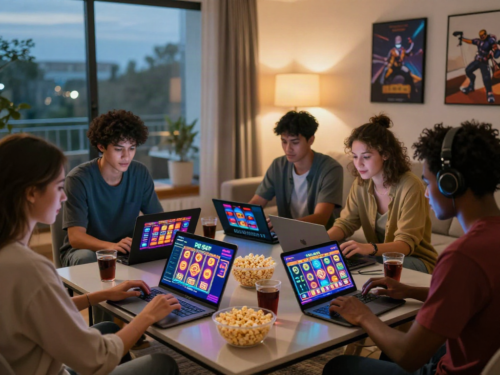 Group of friends enjoying PG SLOT games in a cozy living room, vibrant game graphics, snacks, and warm lighting.