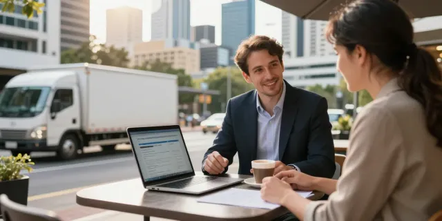 Engaging discussion on Truck Finance options outside in Brisbane, showcasing professional support.