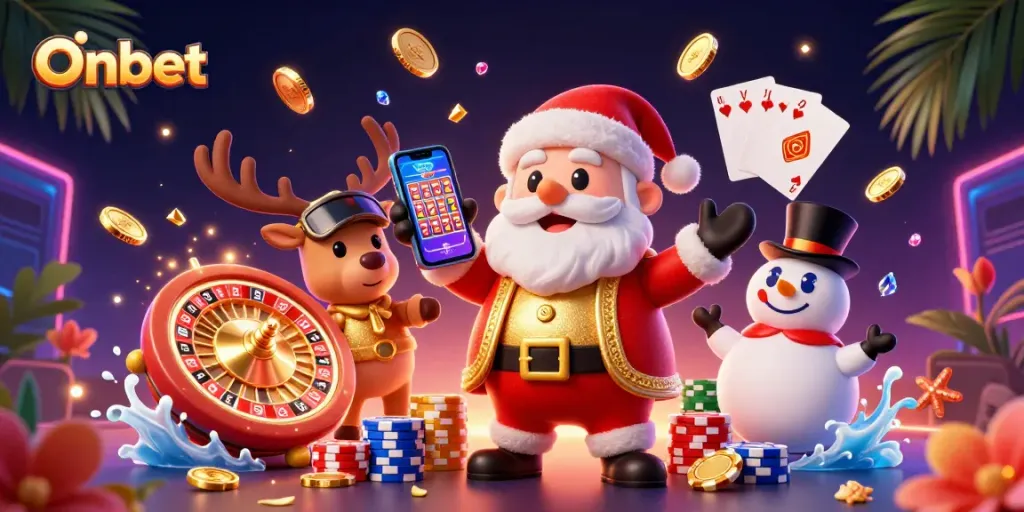 Onbet offers thrilling jackpot slots and casino games in a vibrant, festive illustration.