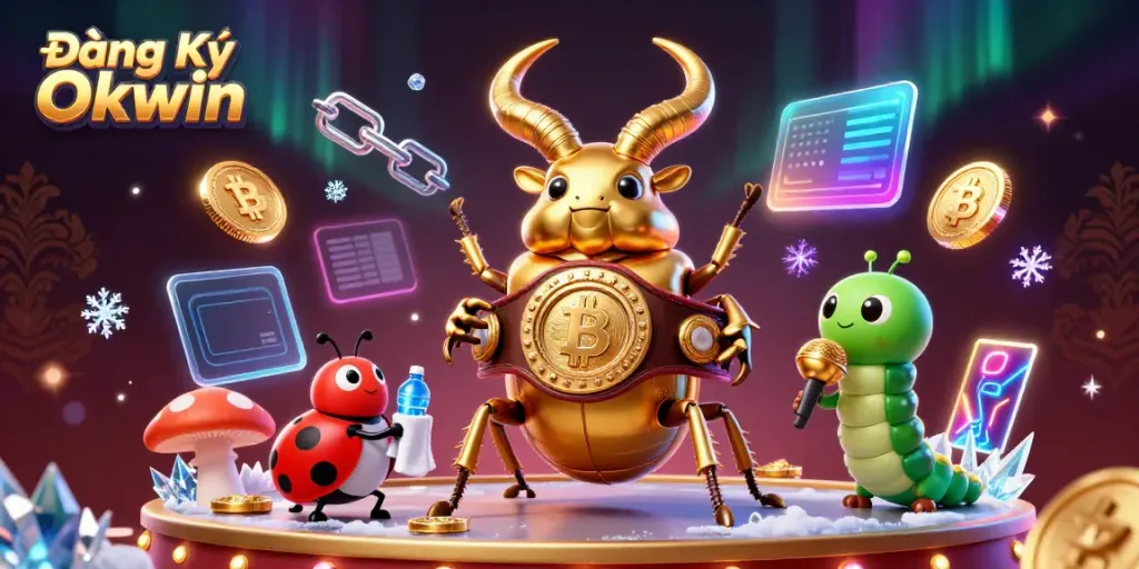 Engage with Đăng Ký Okwin at a vibrant 3D casino scene featuring a golden stag beetle in a boxing belt surrounded by crypto coins.