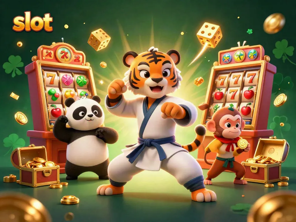 Engaging 3D illustration of a slot-themed scene featuring a kung fu tiger, panda disciple, and monkey student.