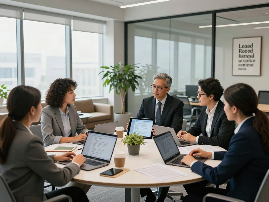 Lead Roedl's team collaborating in a modern legal consulting office, showcasing professionalism and teamwork.
