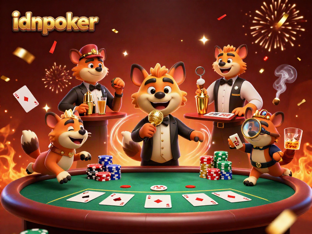 Gambarlah suasana permainan idnpoker di kasino, lengkap dengan hyena lucu beraksi.