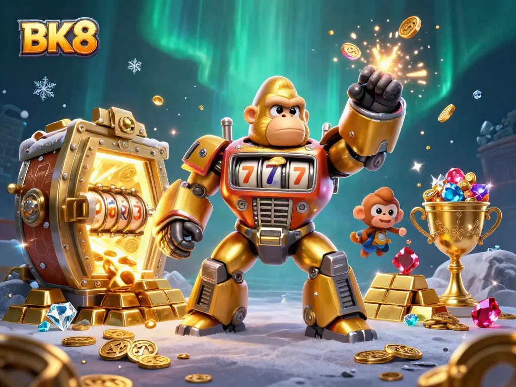 Experience thrilling gambling with BK8 in this dynamic 3D illustration featuring a golden gorilla mech.