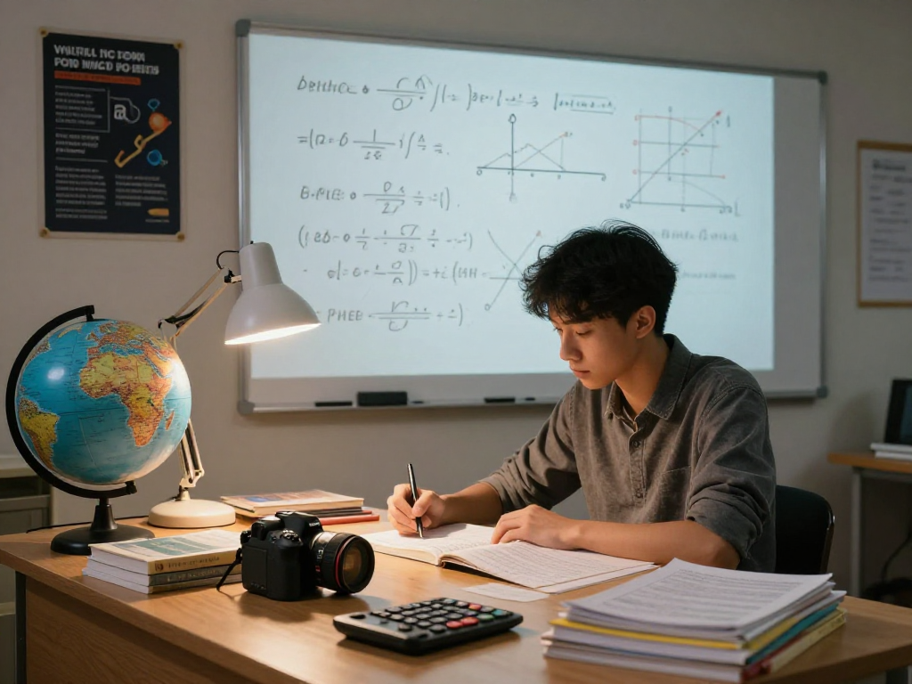 A student engaged in physics tuition, studying at a desk with textbooks and equations on a whiteboard.