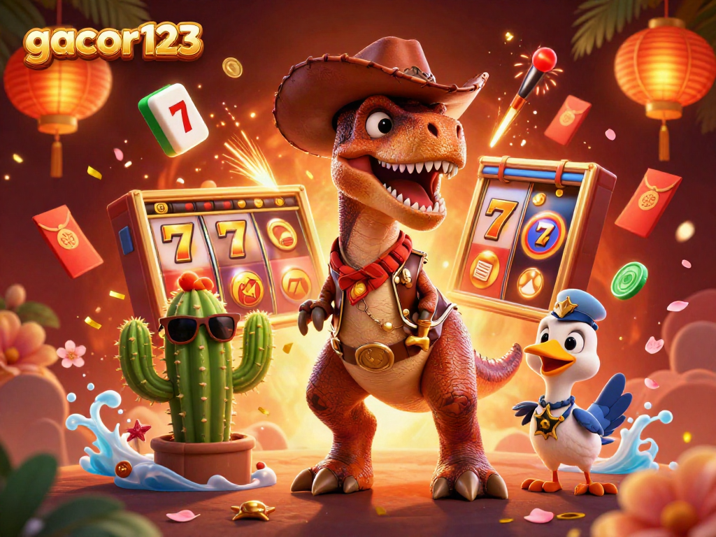 Engage with gacor123's exciting slots, featuring a T-Rex cowboy and colorful casino elements in a vibrant scene.