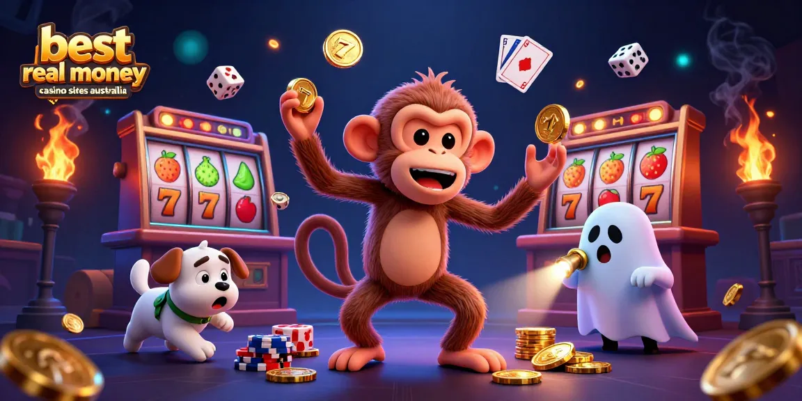 Engage with the best real money casino sites Australia featuring lively gambling characters in a dynamic haunted casino scene.