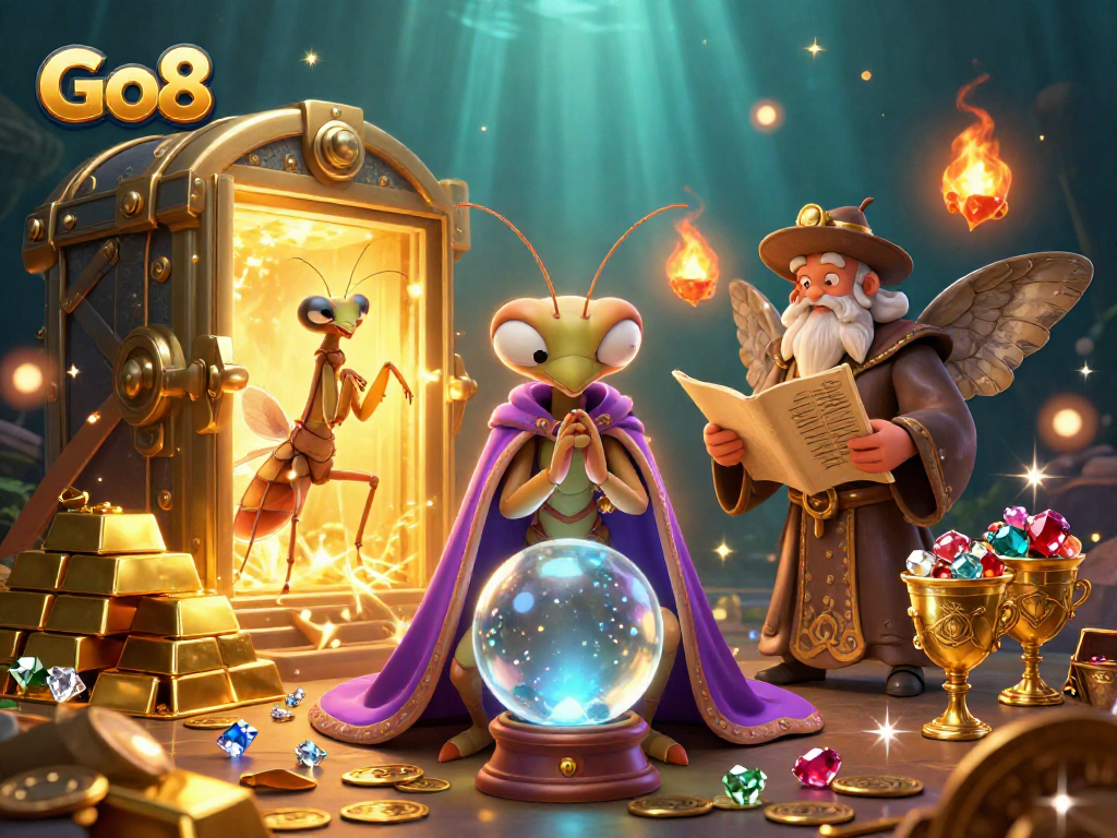 Experience the thrill of gambling with Go8, featuring a mystical fortune teller and treasures in a vibrant 3D scene.