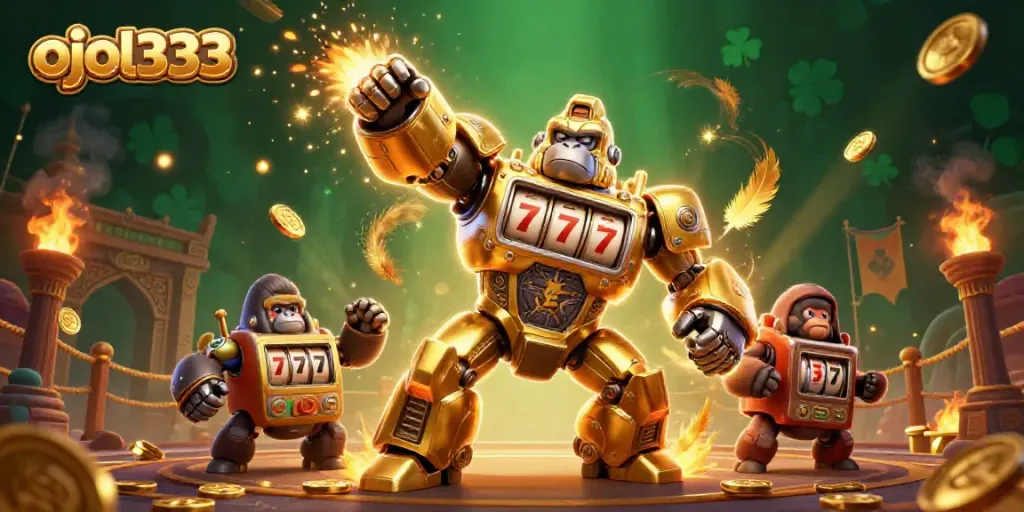 Experience dynamic gaming action with ojol333 featuring a golden gorilla mech and vibrant casino elements.