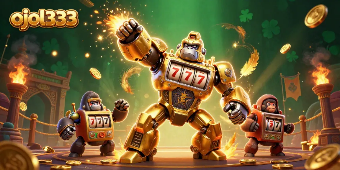 Experience dynamic gaming action with ojol333 featuring a golden gorilla mech and vibrant casino elements.