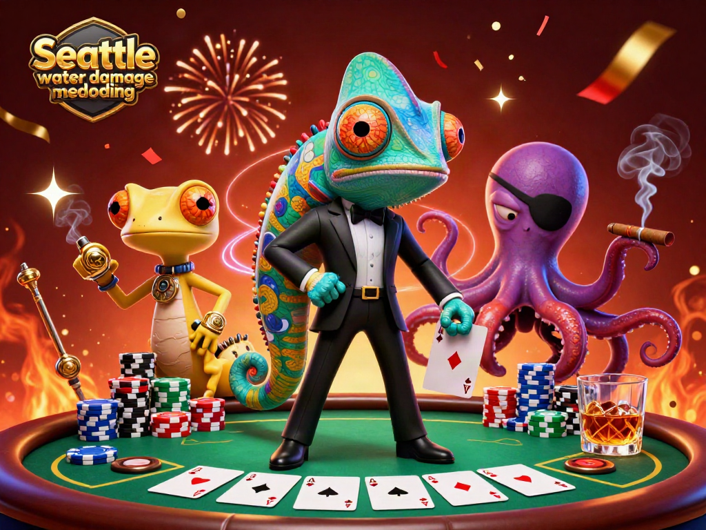 Experience Seattle water damage remodeling action with a vibrant 3D casino illustration featuring dynamic characters and poker elements.