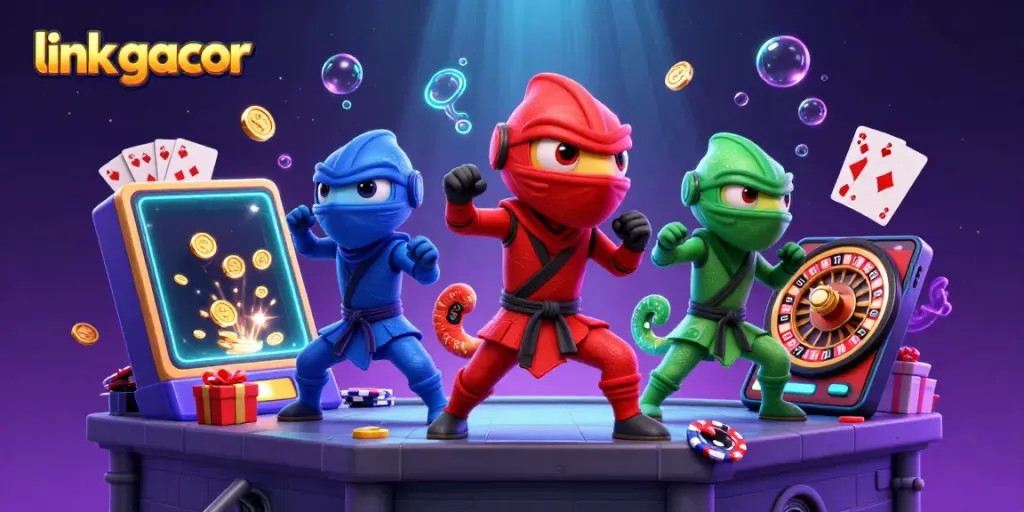 Experience link gacor thrills with a vibrant 3D illustration of chameleon ninjas and slot game excitement.
