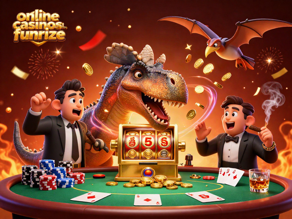 Engage in online casinos like Funrize by watching a dinosaur win jackpot coins at a vibrant casino scene.