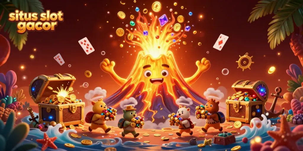 Visualisasi memukau "situs slot gacor" dengan gunung berapi emas dan harta karun melimpah, menggoda pemain.