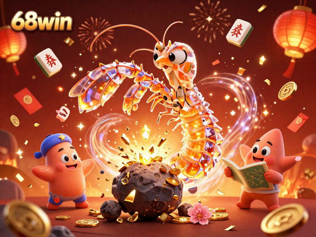 Experience 68win's vibrant casino action with a mantis shrimp and starfish amidst gems and festive elements.