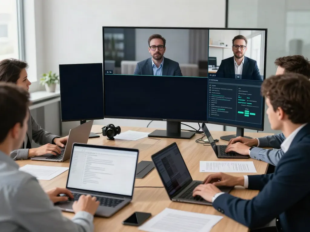 Deepfake protected Conferencing in a modern office environment during a virtual meeting.